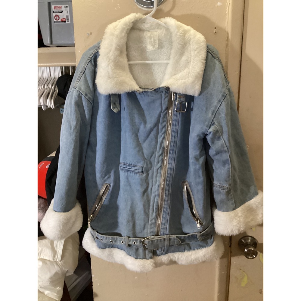 Womens Light Wash Denim Faux Fur Lined Moto Biker Jacket Blue White OS